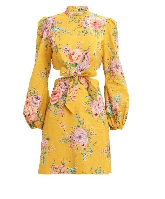 Zimmermann Zinnia Cut Out Short Dress | Yellow Golden Floral, Dolman Sleeves