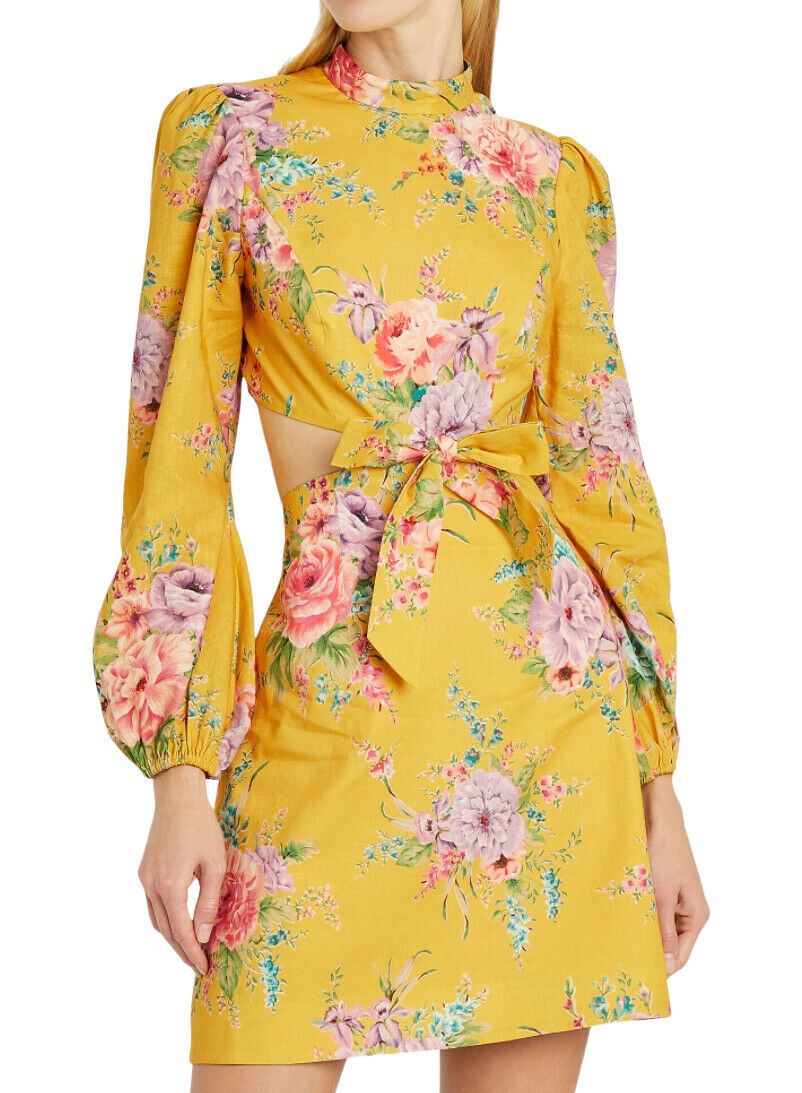 Zimmermann Zinnia Cut Out Short Dress | Yellow Golden Floral, Dolman Sleeves