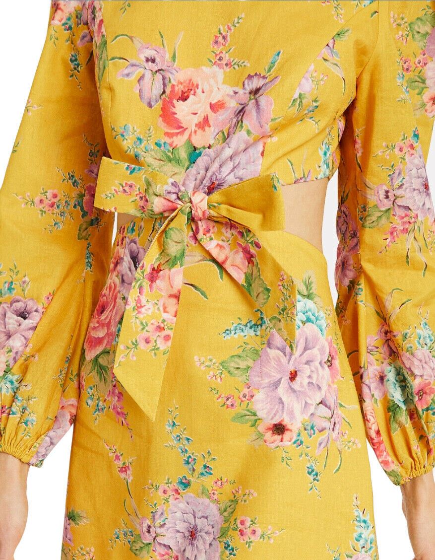 Zimmermann Zinnia Cut Out Short Dress | Yellow Golden Floral, Dolman Sleeves
