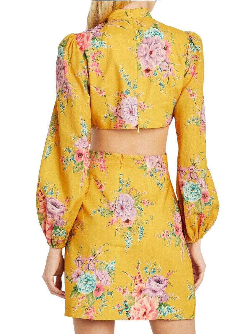 Zimmermann Zinnia Cut Out Short Dress | Yellow Golden Floral, Dolman Sleeves