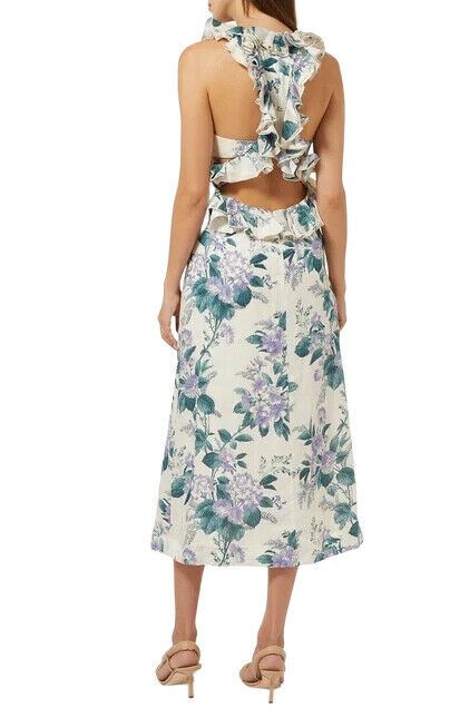 Zimmermann Cassia Ruffle Midi Dress | Hydrangea Floral, Party, Linen, Open Back