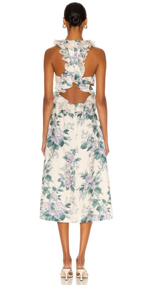 Zimmermann Cassia Ruffle Midi Dress | Hydrangea Floral, Party, Linen, Open Back