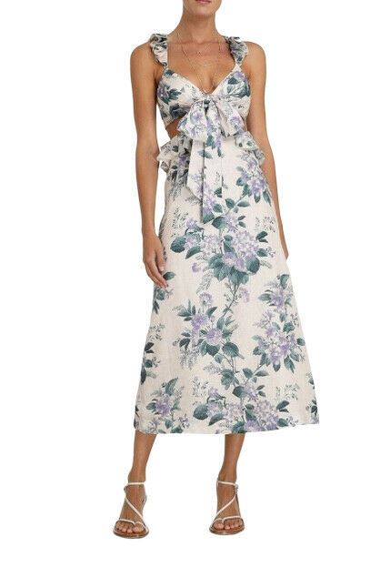 Zimmermann Cassia Ruffle Midi Dress | Hydrangea Floral, Party, Linen, Open Back