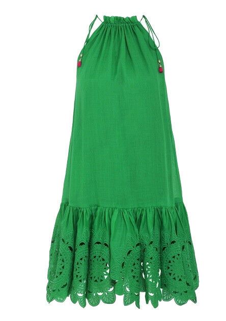 Zimmermann Teddy Scallop Mini Dress |Green, Embroidery, Relaxed, Drawstring Neck