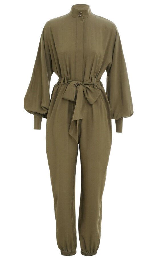 Zimmermann Scarf Tie Jumpsuit | Khaki, Belted, Puffed Dolman Sleeves, Tapered