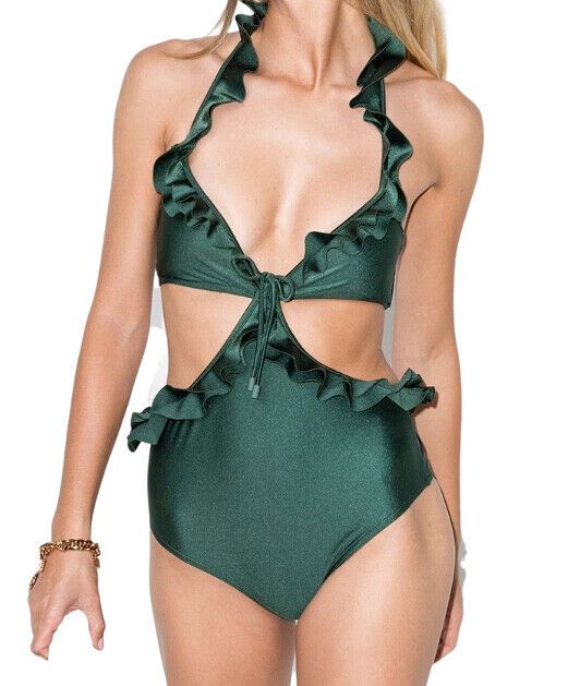 Zimmermann Estelle Ruffle Halter One Piece  | Cutout, Green Liquorice, Ruffles