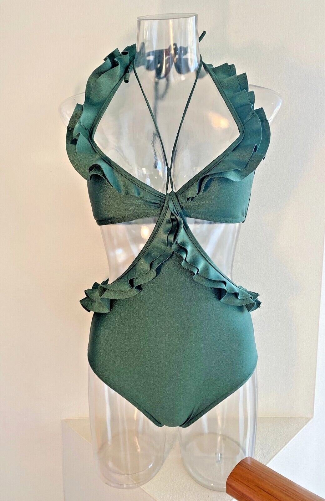 Zimmermann Estelle Ruffle Halter One Piece  | Cutout, Green Liquorice, Ruffles