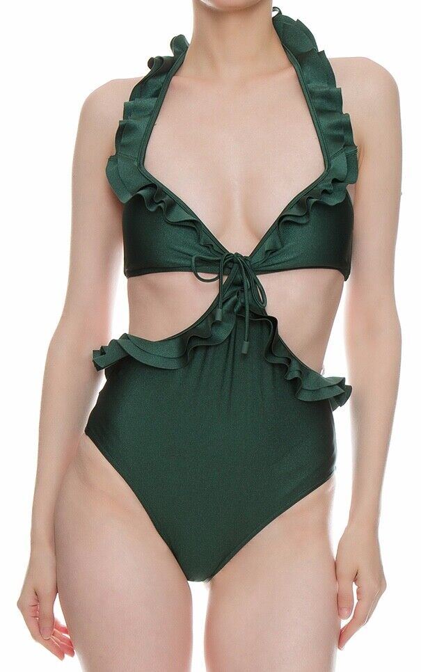 Zimmermann Estelle Ruffle Halter One Piece  | Cutout, Green Liquorice, Ruffles