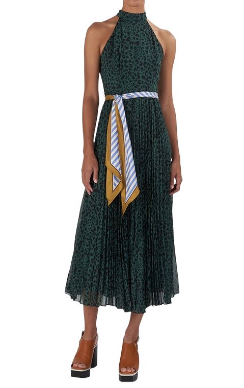 Zimmermann Sunray Picnic Dress | Green Animal Print, Silk Scarf Tie Belt, Pleats