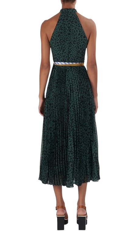 Zimmermann Sunray Picnic Dress | Green Animal Print, Silk Scarf Tie Belt, Pleats