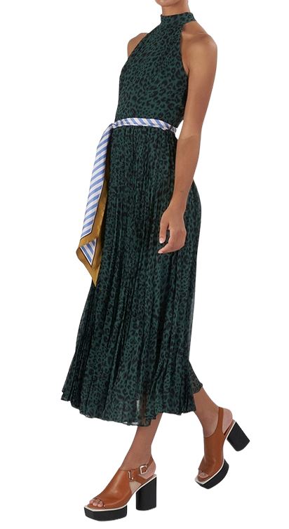 Zimmermann Sunray Picnic Dress | Green Animal Print, Silk Scarf Tie Belt, Pleats