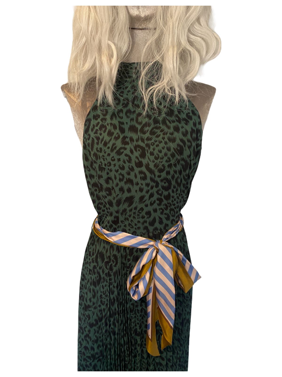 Zimmermann Sunray Picnic Dress | Green Animal Print, Silk Scarf Tie Belt, Pleats