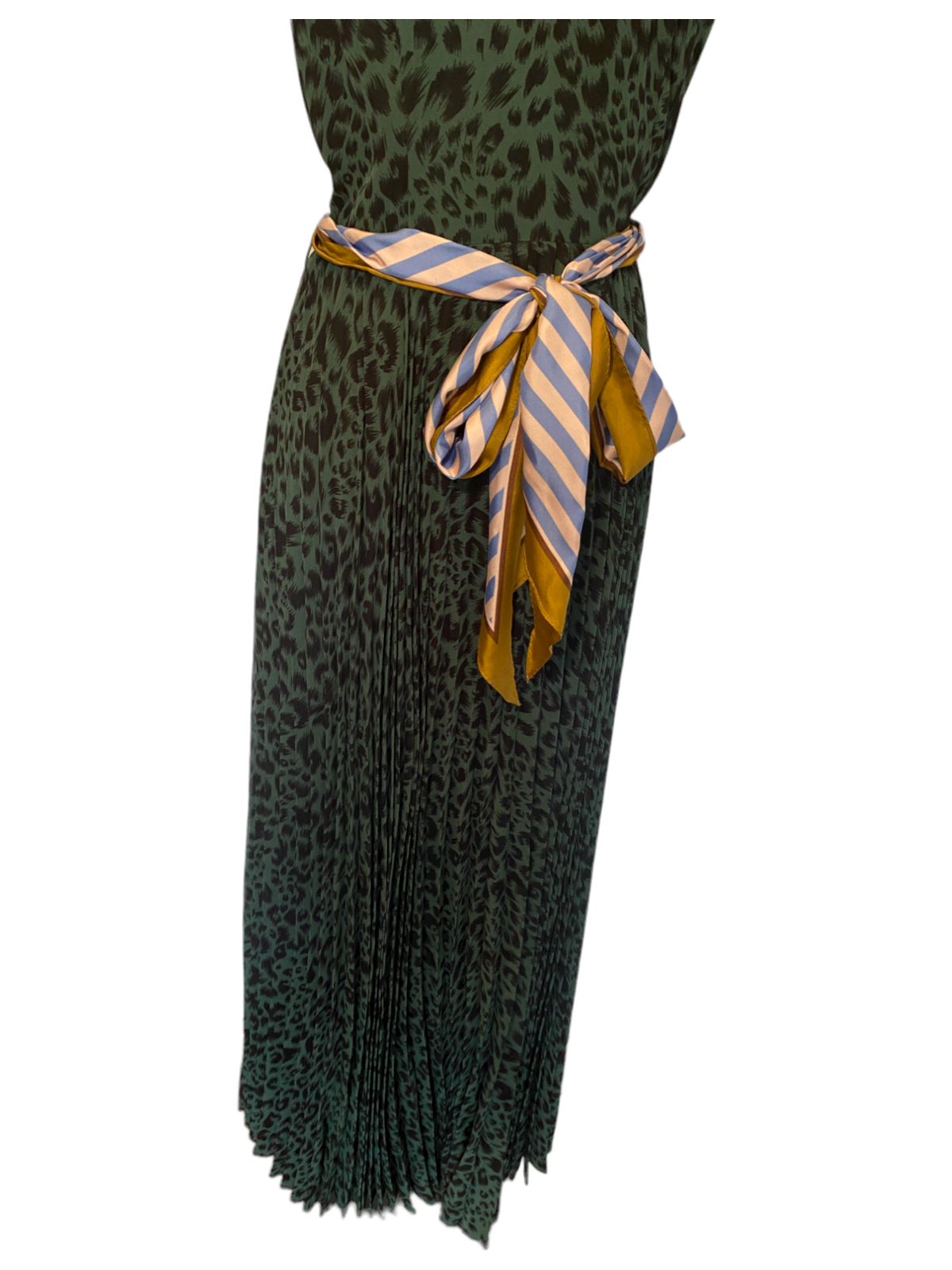 Zimmermann Sunray Picnic Dress | Green Animal Print, Silk Scarf Tie Belt, Pleats