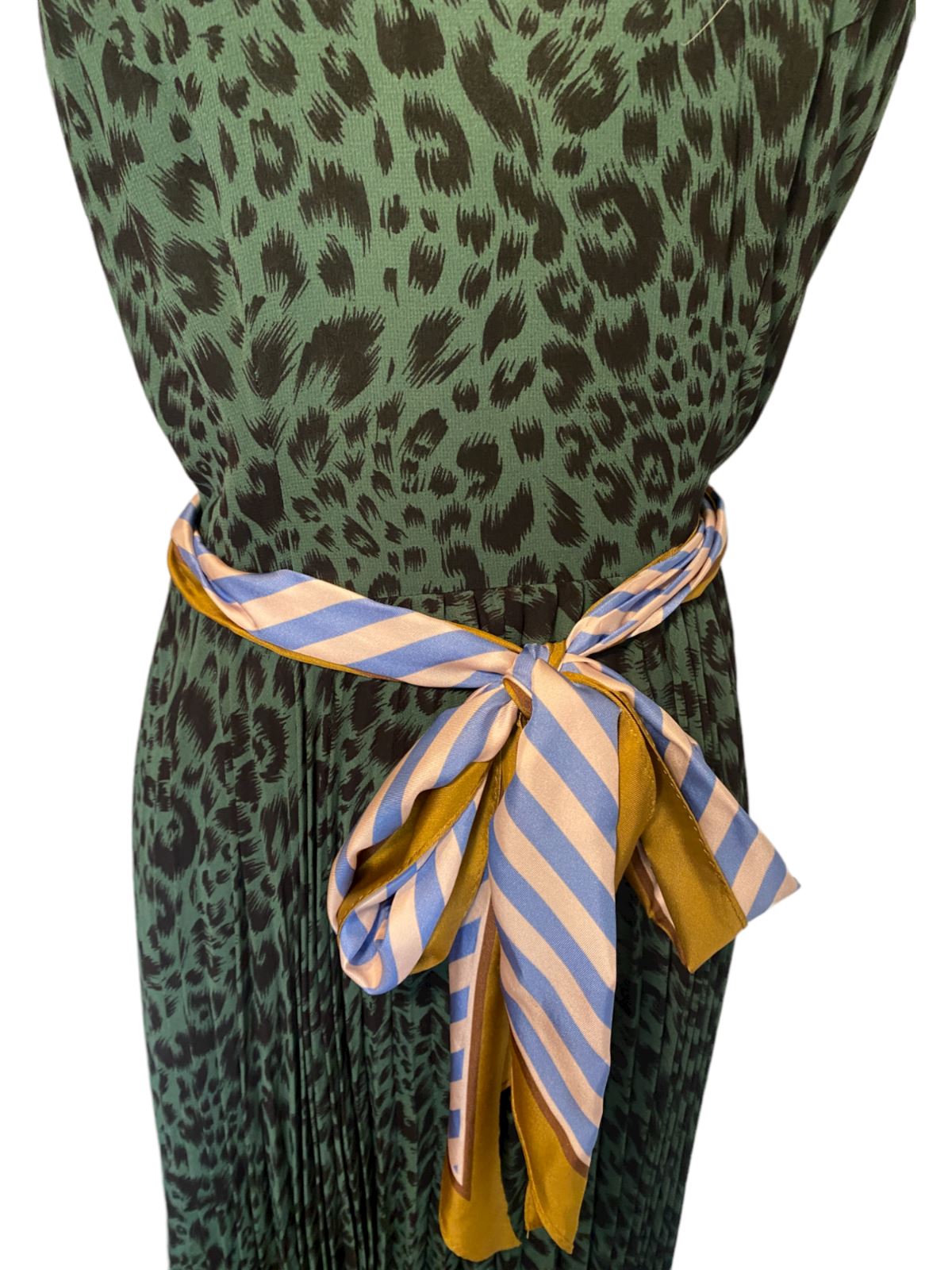 Zimmermann Sunray Picnic Dress | Green Animal Print, Silk Scarf Tie Belt, Pleats