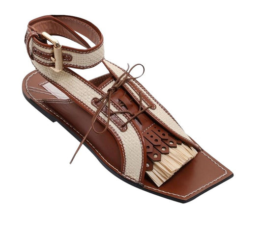 Zimmermann Lace Up Golf Sandal | Natural /Cognac, Fringes, Leather, Ratan, Flats