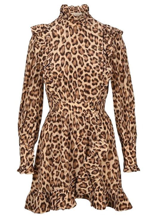 Zimmermann Lucky Frill Mini Dress | Leopard Print, Dolman Sleeves, Double Breast