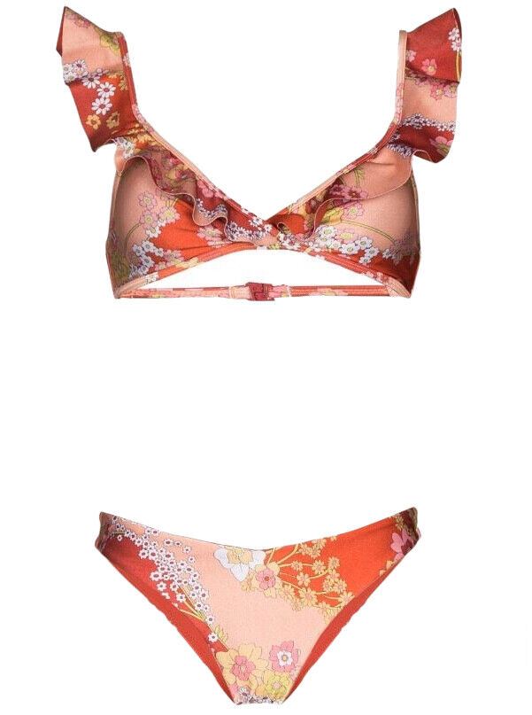 Zimmermann Lola Waterfall Frill Bikini Set | Raspberry Floral, Low Rise Bottoms