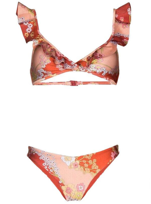 Zimmermann Lola Waterfall Frill Bikini Set | Raspberry Floral, Low Rise Bottoms