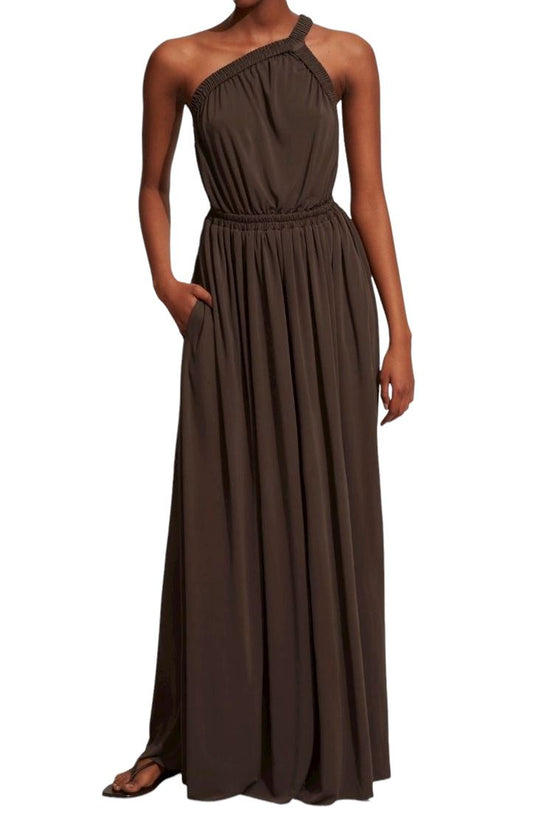 Matteau One Shoulder Dress | Clove, Maxi | Brown / Clove | Backless, Asymmetric