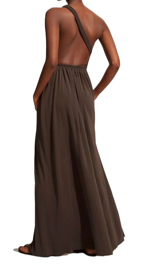 Matteau One Shoulder Dress | Clove, Maxi | Brown / Clove | Backless, Asymmetric