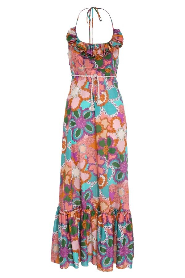 Zimmermann Lola Frill Picnic Dress | Purple Floral, Belt, Cotton, Maxi, Halter