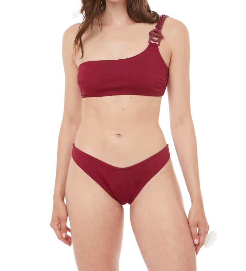 Zimmermann Tropicana Asymmetrical Bikini | One Shoulder, Low Rise, Ruby Pink/Red