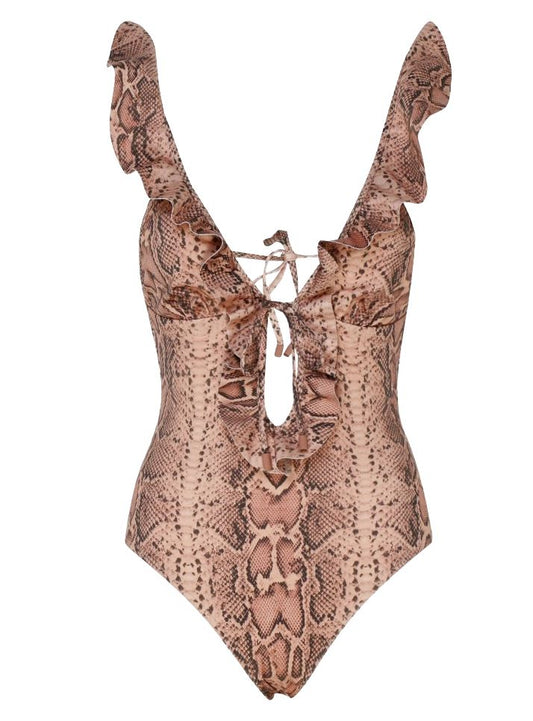 Zimmermann Moonshine Frill Waterfall One Piece | Pink Snake Print, Low V Neck