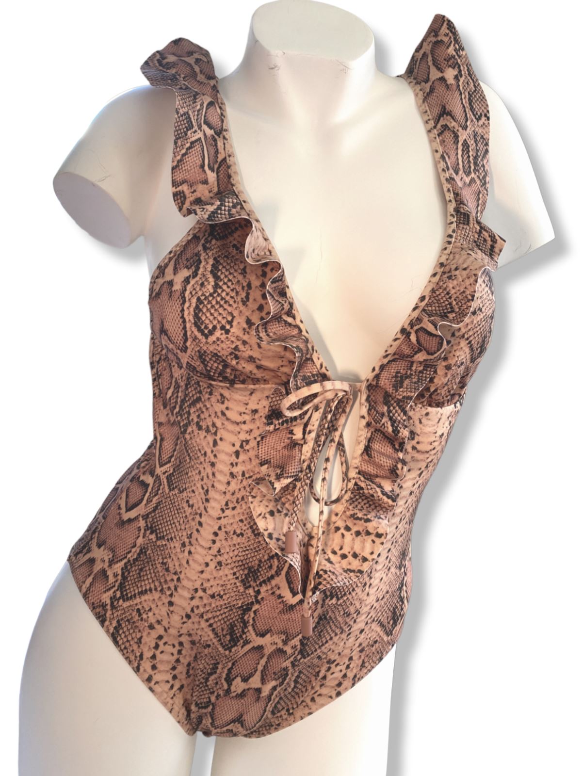 Zimmermann Moonshine Frill Waterfall One Piece | Pink Snake Print, Low V Neck