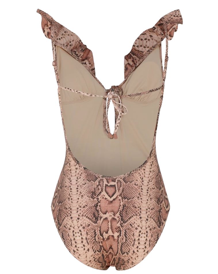 Zimmermann Moonshine Frill Waterfall One Piece | Pink Snake Print, Low V Neck