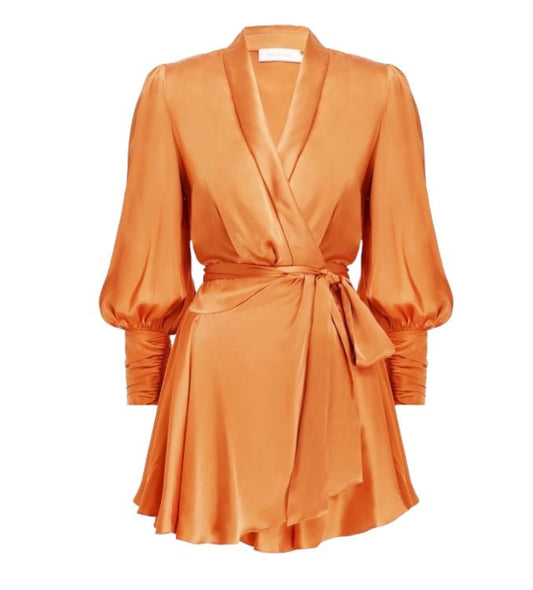 Zimmermann Silk Wrap Mini Dress | Mango/Orange,  100% Silk, Cocktail party dress