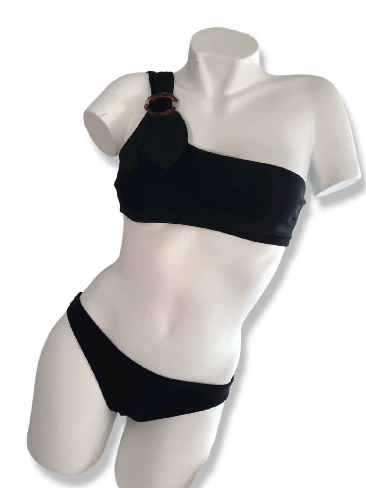 Zimmermann Teddy Buckle  Bikini | One Shoulder, Black, Tortoiseshell Clasp