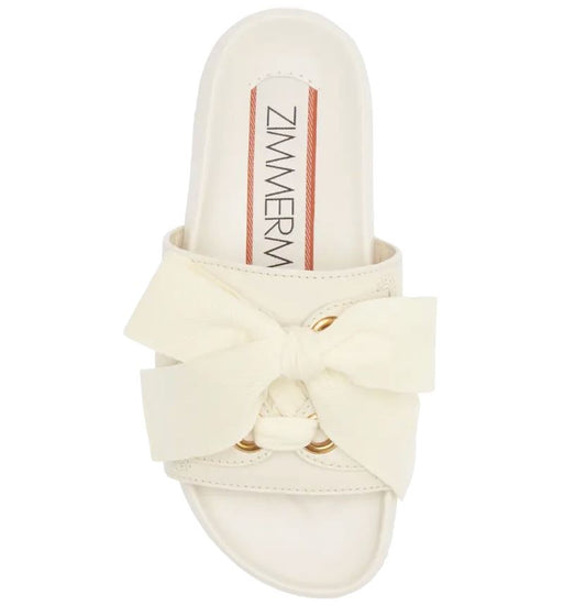 Zimmermann Bow Slides | Sandals, Ivory/White | Leather/Fabric, Gold Grommets