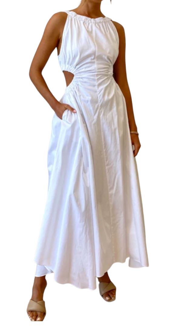 Camilla and Marc Coppola Midi Dress | Side Cutouts, 100% Cotton, White, Elastic