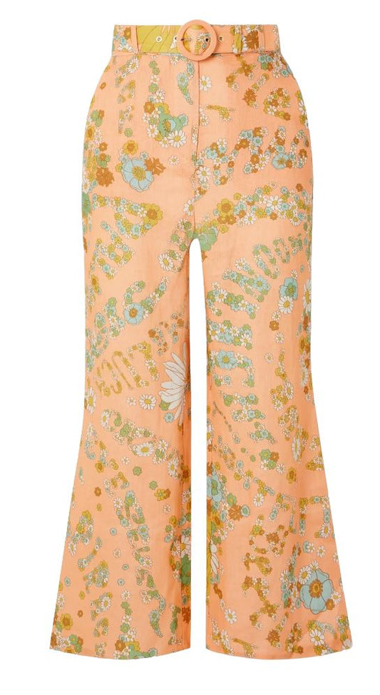 Zimmermann Lola Cropped Flare | Bells, Linen, Peach Floral, Belt, 60's Inspired