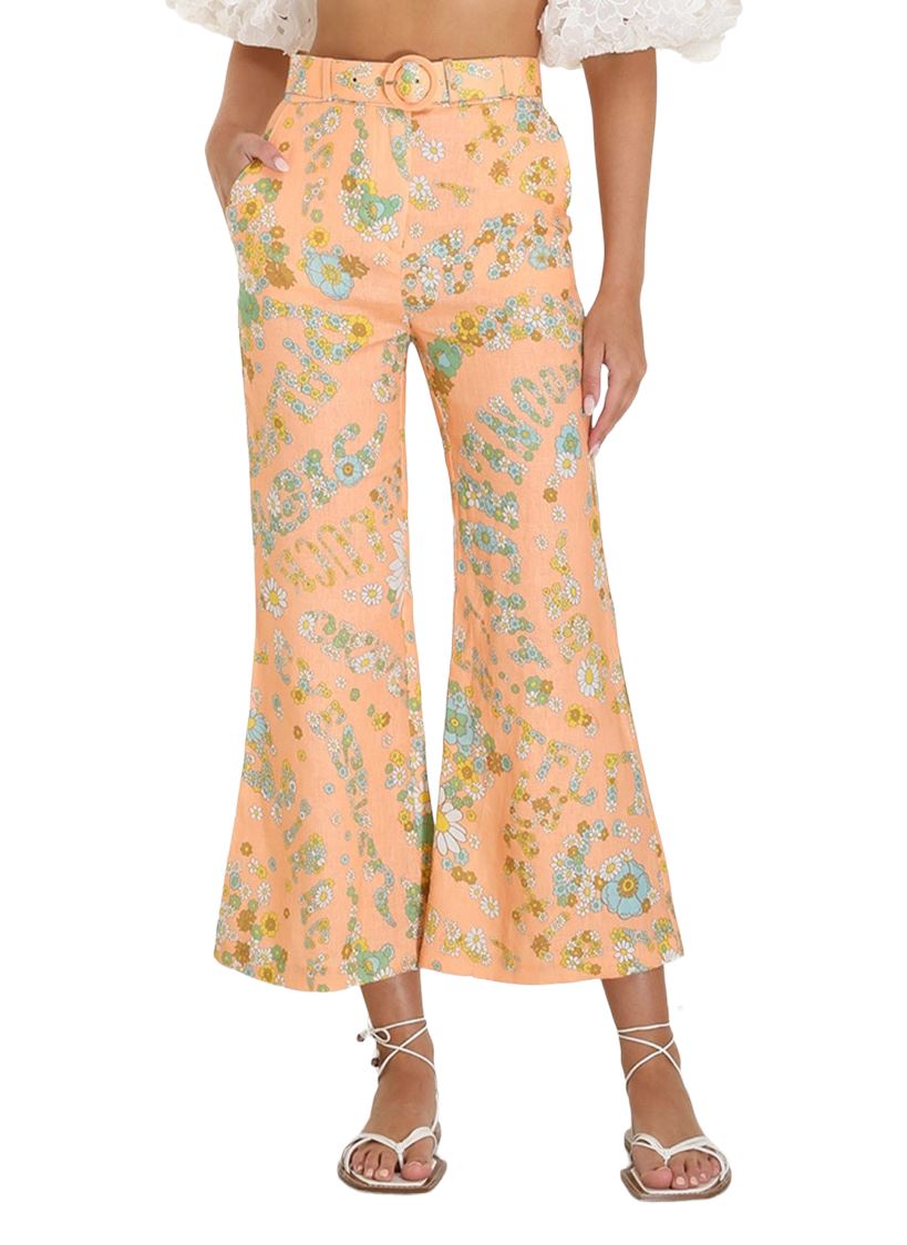 Zimmermann Lola Cropped Flare | Bells, Linen, Peach Floral, Belt, 60's Inspired