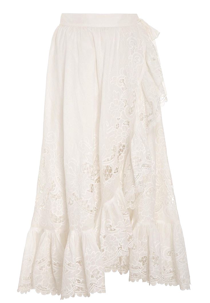 Zimmermann Lulu Scallop Wrap Skirt | White / Ivory, Embroidery, Midi, Cotton