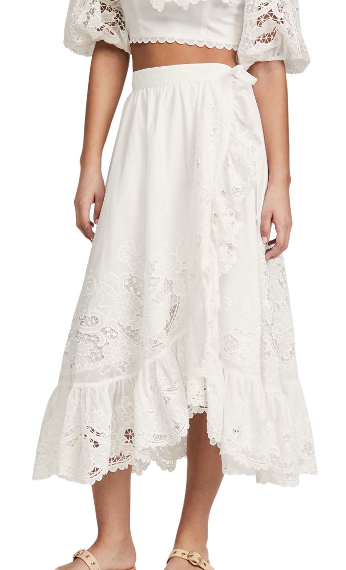 Zimmermann Lulu Scallop Wrap Skirt | White / Ivory, Embroidery, Midi, Cotton