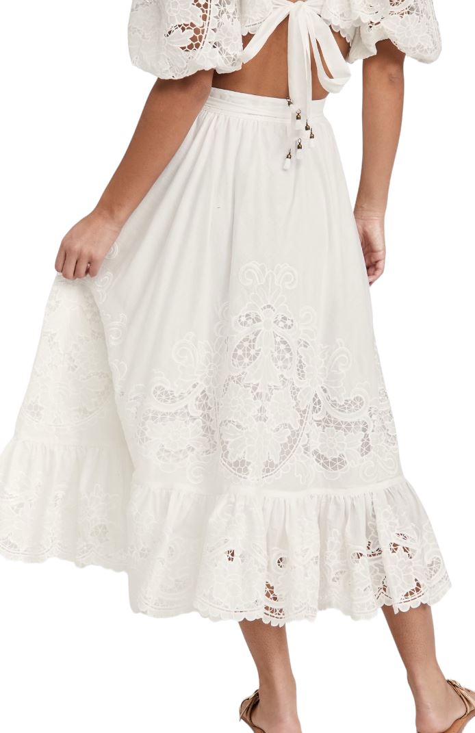 Zimmermann Lulu Scallop Wrap Skirt | White / Ivory, Embroidery, Midi, Cotton