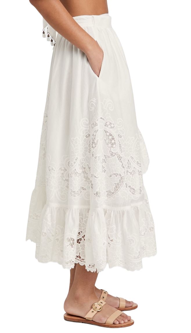 Zimmermann Lulu Scallop Wrap Skirt | White / Ivory, Embroidery, Midi, Cotton