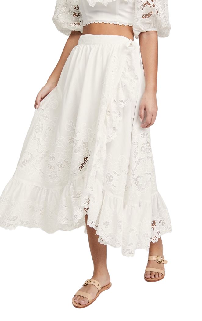 Zimmermann Lulu Scallop Wrap Skirt | White / Ivory, Embroidery, Midi, Cotton