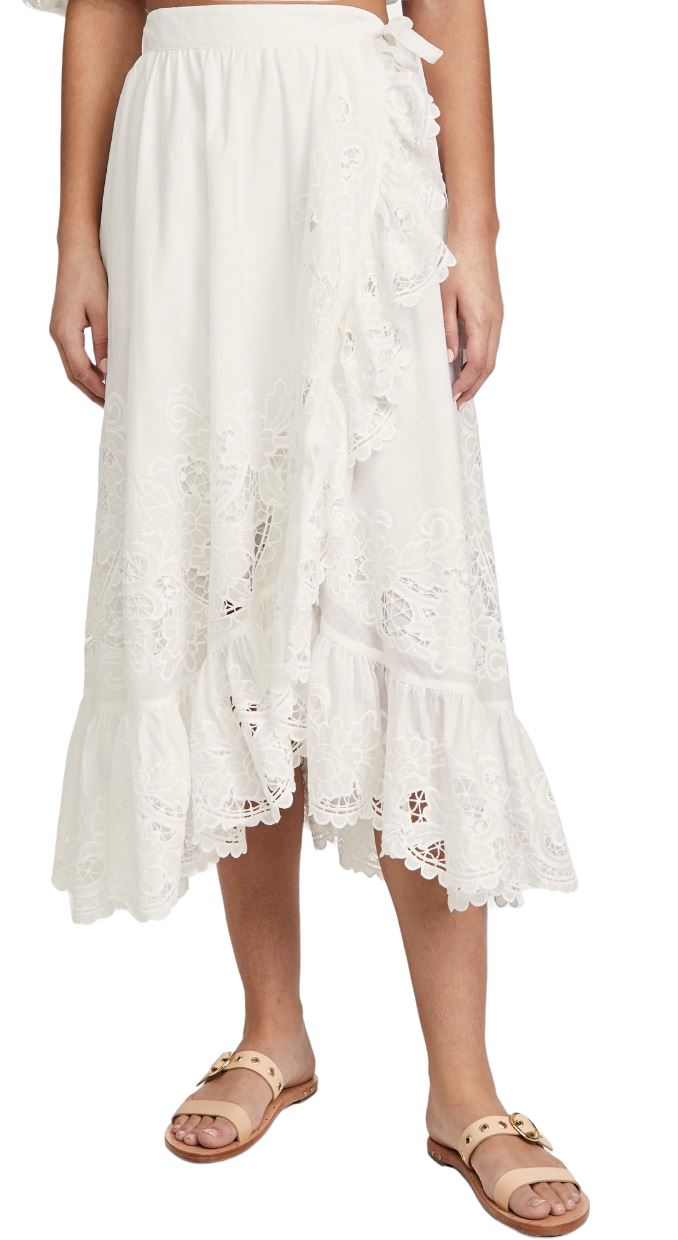 Zimmermann Lulu Scallop Wrap Skirt | White / Ivory, Embroidery, Midi, Cotton