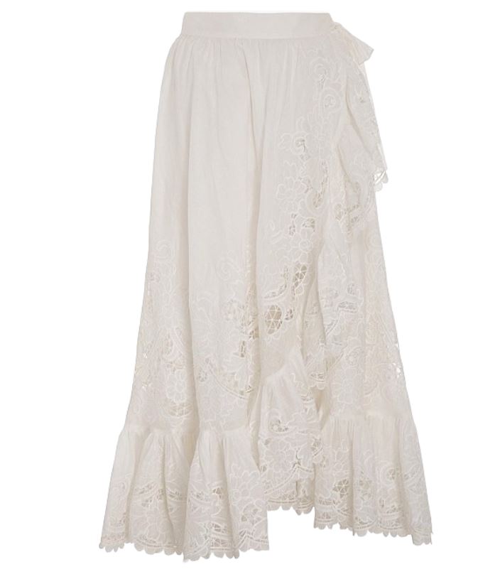 Zimmermann Lulu Scallop Wrap Skirt | White / Ivory, Embroidery, Midi, Cotton