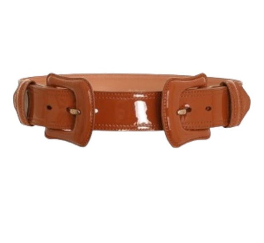 Zimmermann Double Buckle Belt | Patent Shiny Leather, Topstitching, Tan/Brown