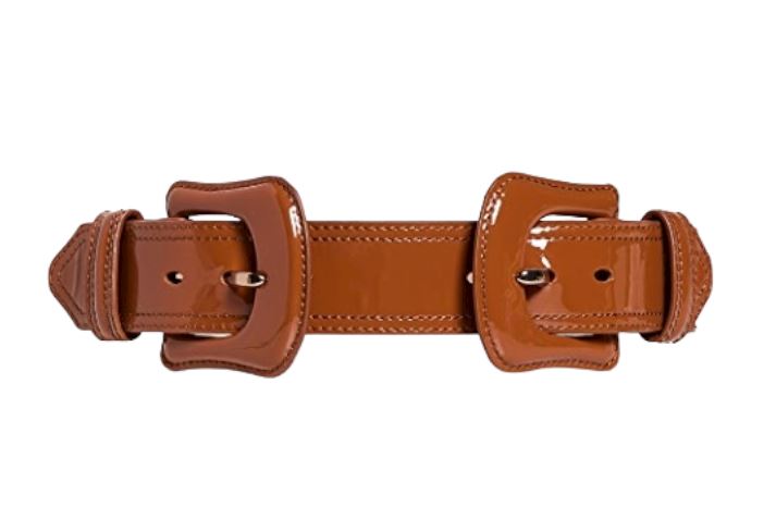 Zimmermann Double Buckle Belt | Patent Shiny Leather, Topstitching, Tan/Brown