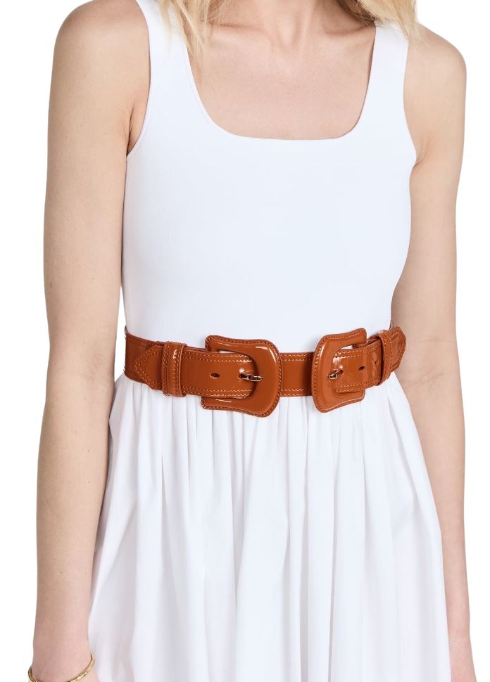 Zimmermann Double Buckle Belt | Patent Shiny Leather, Topstitching, Tan/Brown