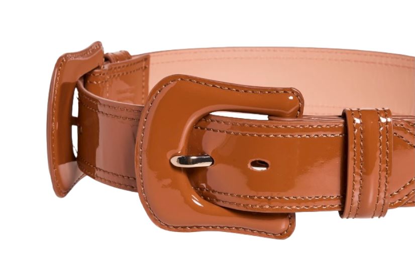 Zimmermann Double Buckle Belt | Patent Shiny Leather, Topstitching, Tan/Brown
