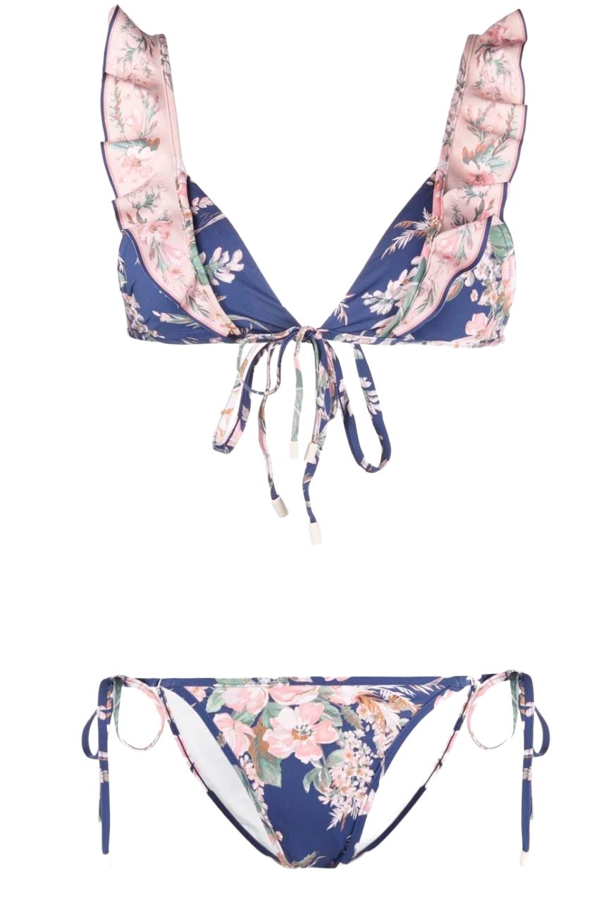 Zimmermann Moonshine Waterfall Frill Bikini | Blue, Floral, Spliced, Tie Bottoms