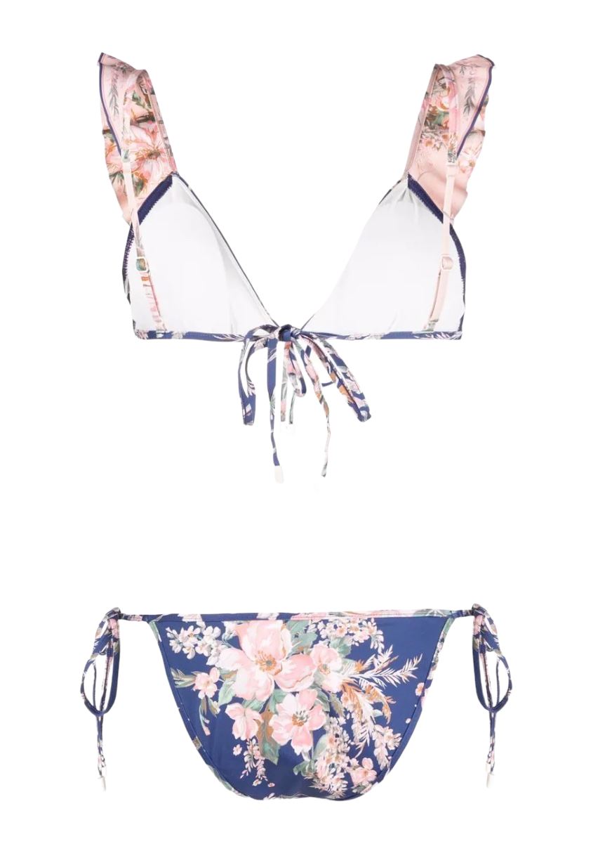 Zimmermann Moonshine Waterfall Frill Bikini | Blue, Floral, Spliced, Tie Bottoms