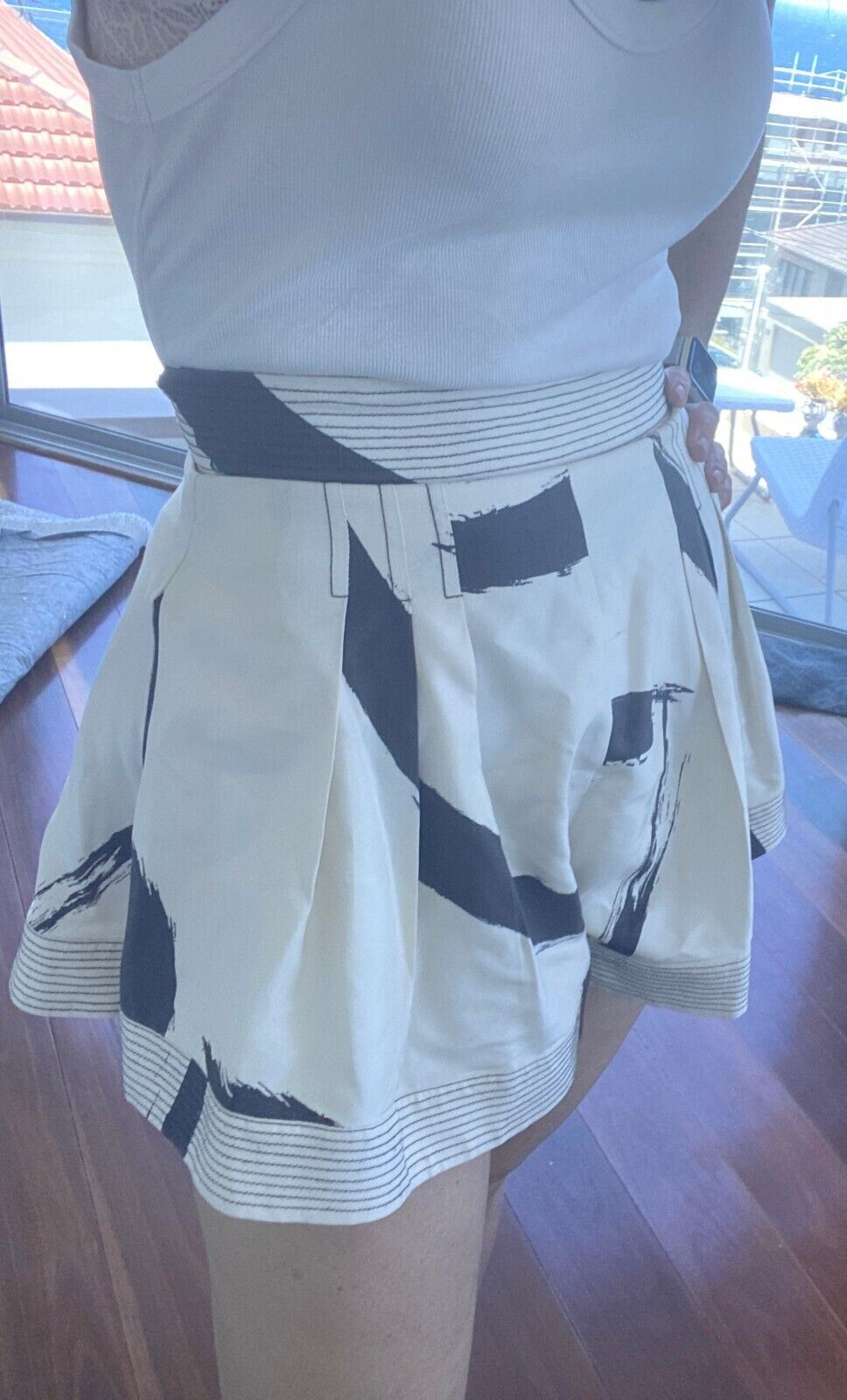 Zimmermann Silk Shorts | High Waist, Off-White/Cream & Black, Top Stitch, Size 1