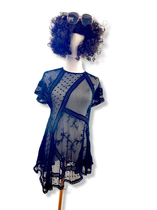Zimmermann Black Sheer Silk Top / Blouse | Lace, Embroidery, Asymmetric, Black